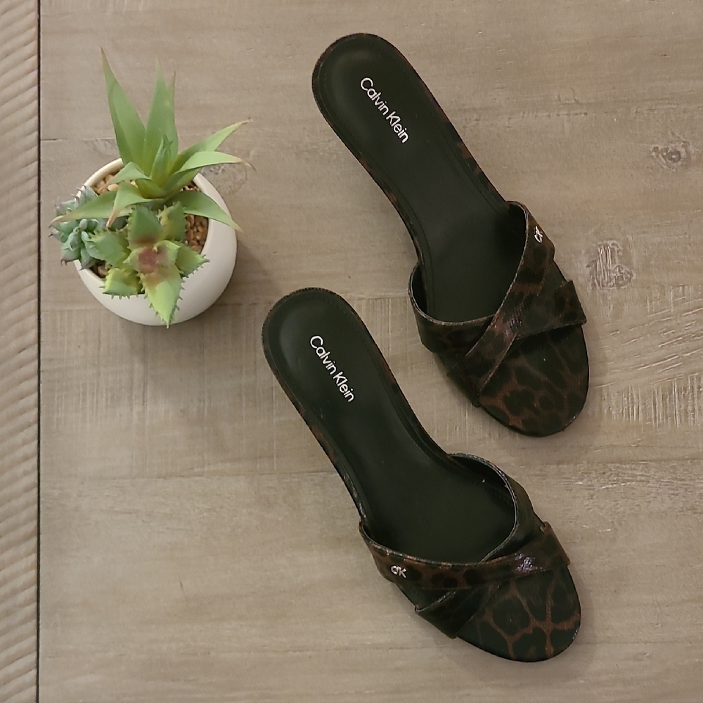 Calvin Klein Leopard Print Kitten Heeled Slip-on Sandals
